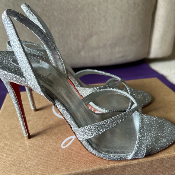 Christian Louboutin Emilie 100 Slingback Sandals Heels Shoes Silver Glitter 36.5 - Picture 8 of 16